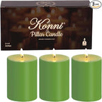 KONNI Green Pillar Candles Set of 3, 3"x 4" Unscented Pillar Candles Bulk, 39 Hours Long Burning Candles, Smokeless&Dripless Large Round Candle for Wedding, Home Decoration, Parties, Spas, Dinner