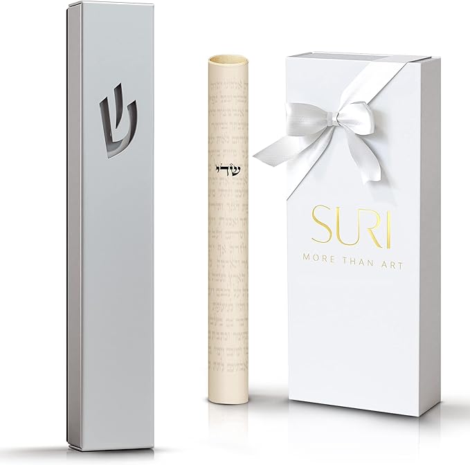 SURI Mezuzah on Door – 5 Inch Silver Aluminum Mezuzah Case with Printed Scroll, Open-Back Design for Indoor Use, Self-Stick Adhesive, Fits a 4 Inch Scroll, Gift Box Included