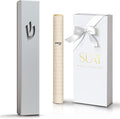 SURI Mezuzah on Door – 5 Inch Silver Aluminum Mezuzah Case with Printed Scroll, Open-Back Design for Indoor Use, Self-Stick Adhesive, Fits a 4 Inch Scroll, Gift Box Included