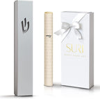 SURI Mezuzah on Door – 5 Inch Silver Aluminum Mezuzah Case with Printed Scroll, Open-Back Design for Indoor Use, Self-Stick Adhesive, Fits a 4 Inch Scroll, Gift Box Included