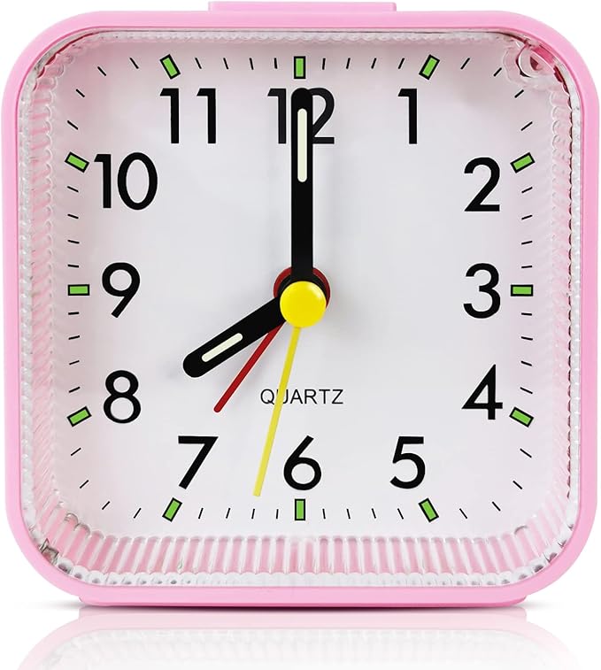 Small Pink Kids Desk Alarm Clock, Analog Travel Battery Operated Clock,Quieter Bedside Clocks for Girls' Bedrooms Bathroom Living Room Kitchen Shelf Clocks
