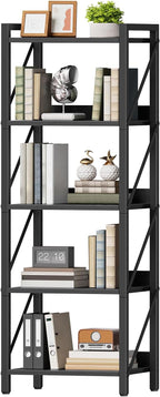 HOOBRO Bookshelf, 5-Tier Industrial Bookcase, Book Shelf Storage Organizer, Tall Bookshelf with Metal Frame for Living Room, Bedroom, Home Office, Kitchen, Black BB73SJ01