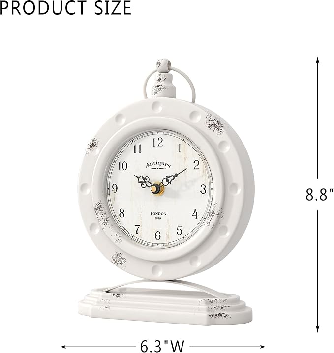 Vintage Table Clock, Desk and Shelf Mantel Clock, Antiques London Style White Decor Clocks, for Farmhouse, Living Room, Bedroom, Bedside, Gift (8.8" H x 6.3" W)