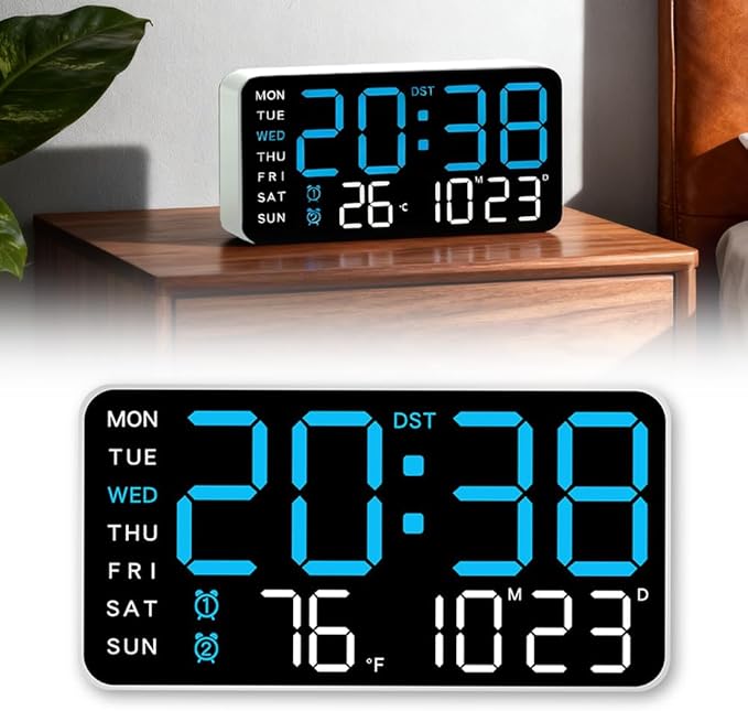Multifunctional Decorative Led Digital Wall Clock,Large Digital Clock Shows Time,Date,Temperature,Auto Brightness Adjustment,Dual Alarms,Electronic Clock for Livingroom (Blue lamp with white shell)