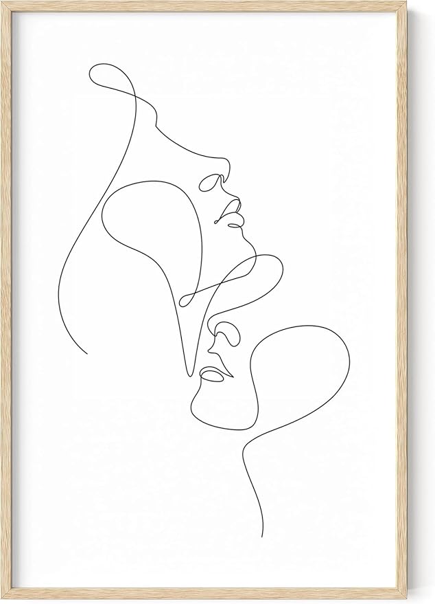Minimalist Face to Face Wall Art Two Portraits Continuous Line Drawing 24x36 Inch Oak Wood Beige Framed Modern Aesthetic Profile Print for Bedroom Decor