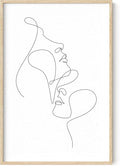 Minimalist Face to Face Wall Art Two Portraits Continuous Line Drawing 24x36 Inch Oak Wood Beige Framed Modern Aesthetic Profile Print for Bedroom Decor