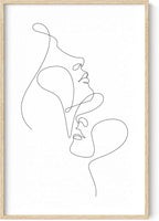 Minimalist Face to Face Wall Art Two Portraits Continuous Line Drawing 24x36 Inch Oak Wood Beige Framed Modern Aesthetic Profile Print for Bedroom Decor