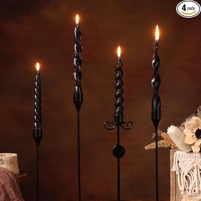 Nuanchu 4 Pcs 7.87 Inch Twisted Taper Candles Wax Unscented Smokeless Spiral Swirl Candlesticks for Wedding Holiday Dinner Party Home Decorations (Halloween Black)