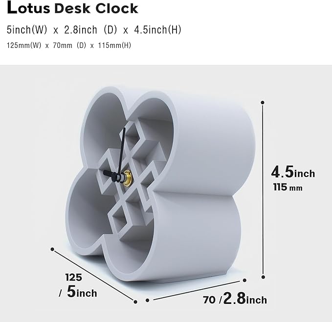 AonT Design Modern Desk Clock (Korean Lotus Motif) (Silent Quartz) Made in Korea – Decorative Minimalist Analog Shelf Clock for Table and Living Room Décor (White)