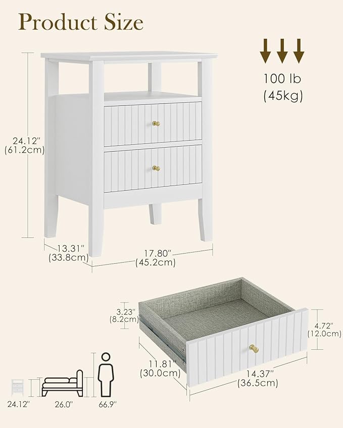 Fluted Nightstand, Farmhouse Night Stand with 2 Drawers, Mid Century Modern Side Accent Table,Bedside End Table for Bedroom, Living Room, White