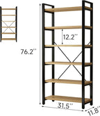 Real Solid Wood Rustic Vintage Industrial Etagere Bookshelf, Metal & Timber Free Vintage Bookcase, Retro Brown (Genuine Timber) (6-Tiers-Natural Finish)