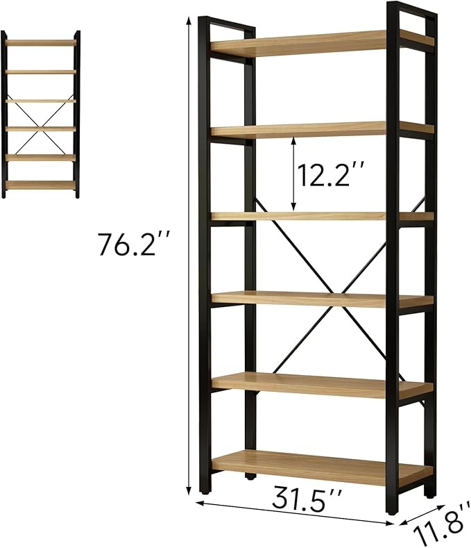 Real Solid Wood Rustic Vintage Industrial Etagere Bookshelf, Metal & Timber Free Vintage Bookcase, Retro Brown (Genuine Timber) (6-Tiers-Natural Finish)