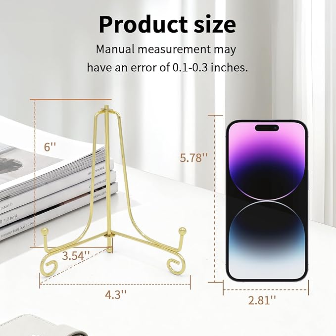 Iron Plate Stands for Display, Foldable Book Holder & Easel Stand for Sign, Versatile Poster Stand and Small Plate Stand for Home Decor, Art, Photo Frame, Card, Crystal Display (Gold, 6 inch (4Pcs))