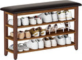 Shoe Bench with Leather Cushion,Wood Bench with Shoe Rack,3-Tier Shoe Storage Organizer for Entryway,Hallway,Living Room (Brown, 3-Tier-39.4")