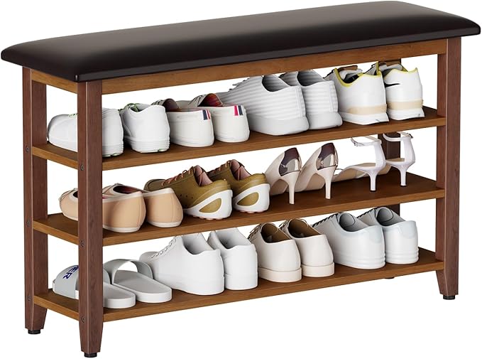 Shoe Bench with Leather Cushion,Wood Bench with Shoe Rack,3-Tier Shoe Storage Organizer for Entryway,Hallway,Living Room (Brown, 3-Tier-39.4")