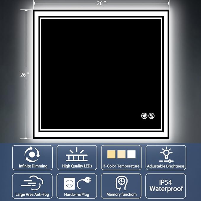 26“ x 26” LED Mirror for Bathroom Front and Backlit Anti-Fog Dimmable 3 Colors LED Bathroom Mirror with Lights Memory Function Smart Mirror Touch Sensor Square Wall Mounted