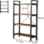 Solid Wood Bookshelf,4 Tier Rustic Vintage Industrial Etagere Bookcase, Open Metal and Wood Vintage Book Shelf, Retro Brown (RealWood)(4-Tier)