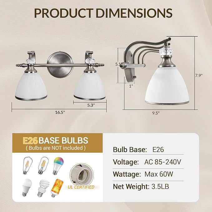 ANDY STAR Brushed Nickel Vanity Light, 2-Light Bathroom Light Fixtures with Milky White Bell-Shape Glass Shades, Eye-Friendly Bathroom Wall Lamp for Mirror, Kitchen, Bedroom, Hallway