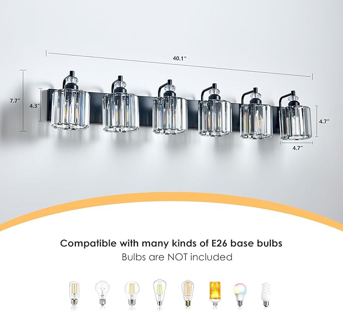 6-Light Black Bathroom Light Fixtures Over Mirror Modern Vanity Lights Crystal Wall Sconce Vintage Bathroom Lighting with Crystal Shade E26 Base for Bedroom, Living Room, Hallway