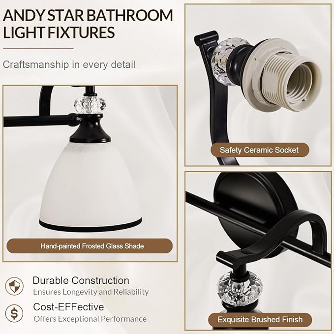 ANDY STAR Vintage Bathroom Light Fixture, 4-Light Vanity Lights, 28 inch Farmhouse Wall Sconces, Black Wall Lamp with Milky Glass, Well-Made Bathroom Lighting Fixtures Over Mirror for Living Room