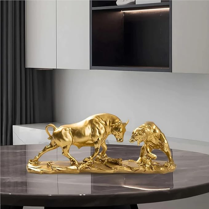 AETVRNI Wall Street Bull and Bear Statue - 4.5 Inch Tall Bull & Bear Statues, Gold Resin Abstract Tabletop Decor for Financial Brokers,Gold