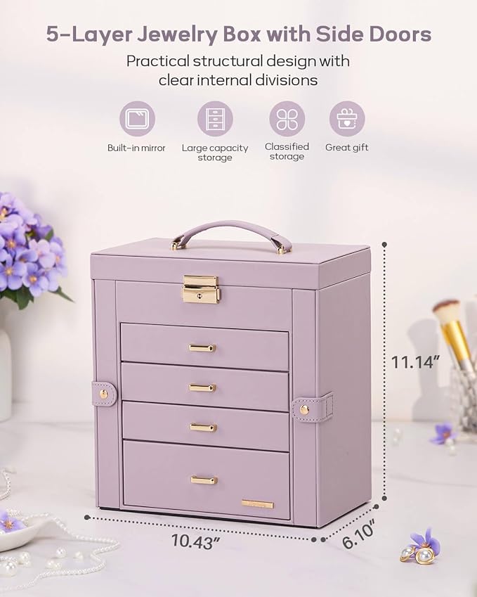 Homde Valentine's Day Gifts Synthetic Leather Huge Jewelry Box Mirrored Watch Organizer Necklace Ring Earring Storage Lockable Gift Case (Grey Purple + Gold)