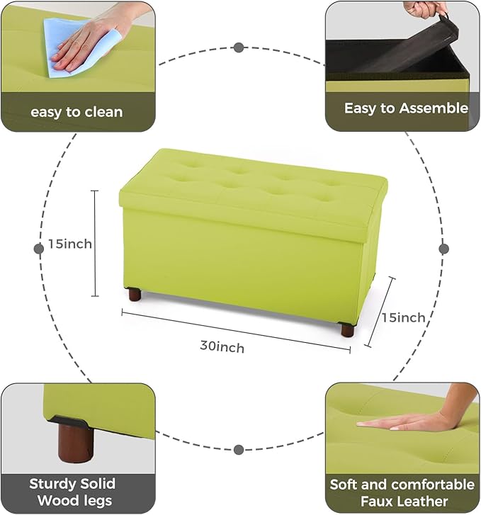 Storage Ottoman for Living Room Ottoman with Tray Bedroom Foot Rest Stool with Legs Small Ottomans Coffee Table Foldable Footstool Faxu Leather (Light Green)