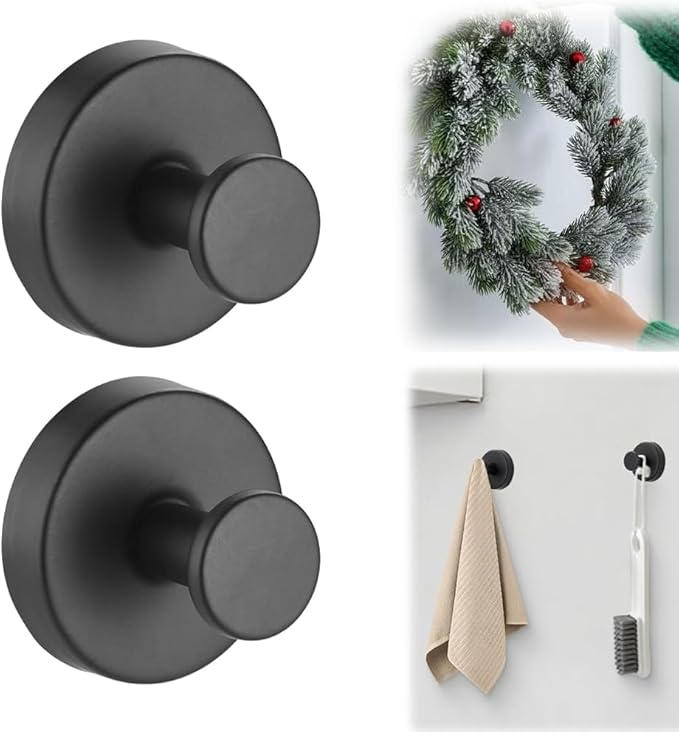 Upgraded Suction Cup Hooks for Door Wreaths, No Drill Wreath Hangers for Front Door, Removable Reusable Hooks Holder for Glass Window Towel Shower Bathroom Kitchen (2, Black)