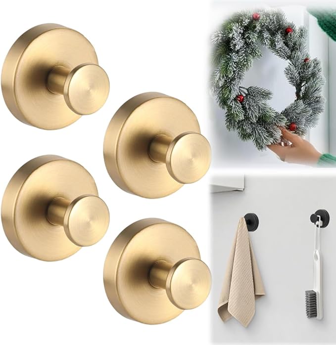 2026 Upgraded Suction Cup Hooks for Door Wreaths, Removable No Drill Wreath Hangers for Front Door, Reusable Hooks Holder for Glass Window Towel Shower Bathroom Kitchen (4, Gold)