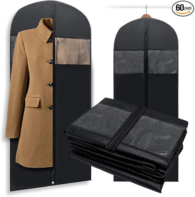 Plixio 60” Black Garment Bags for Hanging Clothes, Men Suit Bag for Travel and Clothing Closet Storage of Women Dress Shirts Coats Suit Cover Includes Zipper and Transparent Window (Black-60 pack:60")