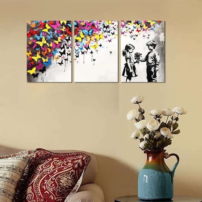 Novatique Banksy Canvas Wall Art for Bedroom Street Graffiti Wall Art Colorful Butterfly Painting Canvas Prints Pop Art Wall Decor for Living Room Office,12" x 16" x 3Pcs