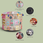 Aakriti Gallery Indian Pouf Footstool Ethnic Embroidered Pouf Cover - Cotton Round Pouffe Ottoman - Beige, 22x14