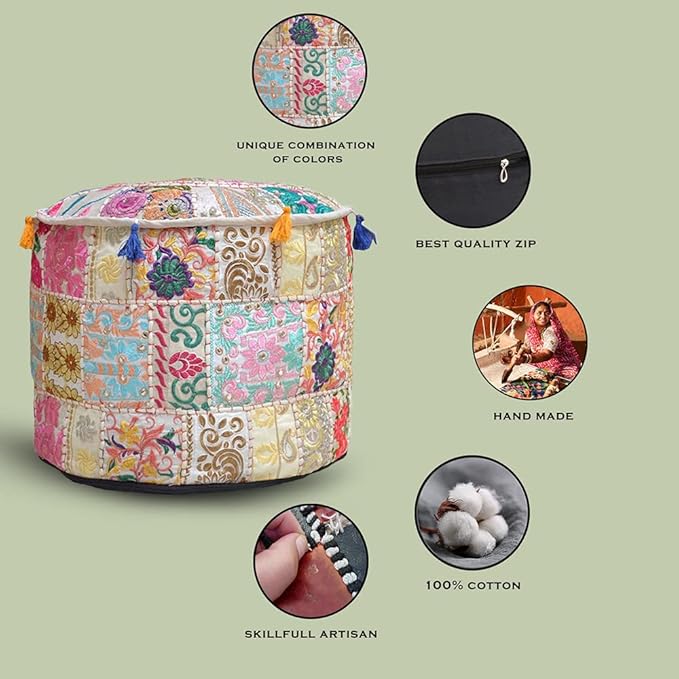 Aakriti Gallery Indian Pouf Footstool Ethnic Embroidered Pouf Cover - Cotton Round Pouffe Ottoman - Beige, 22x14