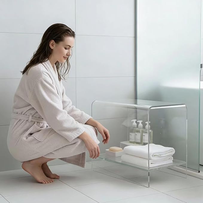 21" Acrylic Shower Stool with Storage Shelf - Waterproof Bath Bench for Spa & Shower, Heavy-Duty Seating (Holds 400lbs) - Ideal for Shaving Legs & Organizing Items