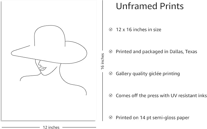 Y2K BOO Elegant Woman in Hat UNFRAMED Wall Art Minimalist Feminine Profile Continuous Line Drawing 12x16 Inch Heavyweight Paper chic Studio Decor