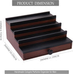 Cologne Organizer for Men - 4 Tier Brown Black Wooden Cologne Display Stand with Drawer and Hidden Compartment, Mens Cologne Holder Shelf for Organizing and Storing