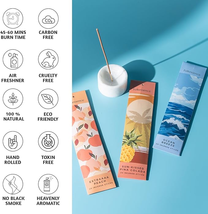 Folkulture Incense Sticks with Holder (120 Sticks) | Set of 6 Fruit Incense Sticks for Mood, Stress Relief | No Charcoal, Organic, Non Toxic, 45 Mins,Long Burning Mango, Pineapple, Insence-Sticks