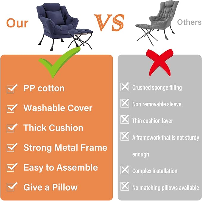 Lazy Chair with Ottoman, Large Lounge Accent Chair with Ottoman and a Throw Pillow, Navy Reading Chair for Living Room Bedroom Dorm Room Office Apartment Relaxing Use