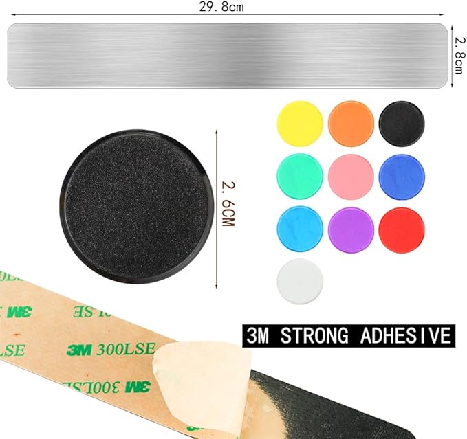 Magnetic Bulletin Strips 5PCS Self Adhesive Frameless Stainless Iron Bulletin Board Bar with 10 Magnetic Buttons for Memo Photo Notes Office School Home