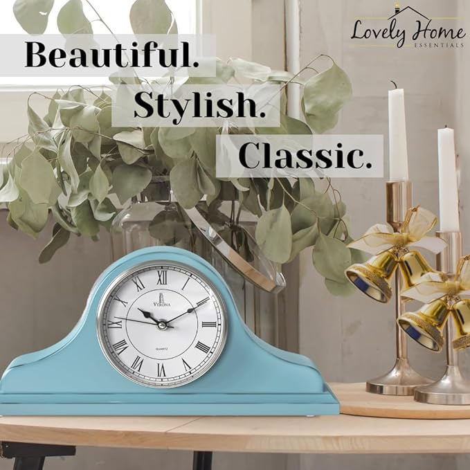 Mantel Clock Battery Operated - Wooden, Rustic Teal Mantle Clock for Living Room Decor Above Fireplace Mantel, Office, Shelf & Home Décor Gift 15x7.5 - Silent Wood Mantel Clock for Living Room Table