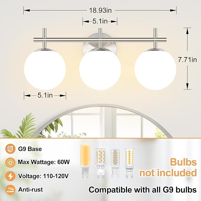 3-Light Bathroom Light Fixtures, Brushed Nickel Vanity Lights for Bathroom with Milky White Ball Shades, 18.9 inch Bathroom Lighting Fixtures Over Mirror, Wall Sconce for Bedroom (Bulb Not Included)