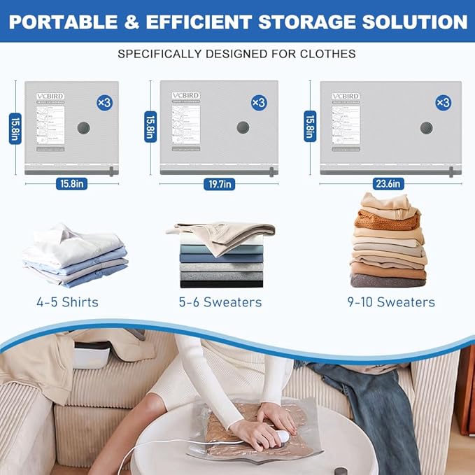 9 Pack Travel Vacuum Storage Bags with USB Pump, Carry-on Size Travel Compression Bags for Clothes and Clothing, Space Saver Vacuum Storage Packing for Luggage