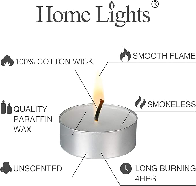 HomeLights Tealight Candles - 4 Hours - Giant 100,200,300 Bulk Packs - White Unscented European Votive Smokeless Tea Lights for Shabbat, Weddings, Christmas, Home Decorative - 300 Pack