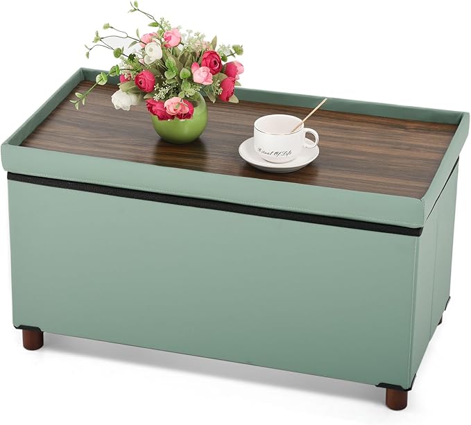 Ottoman Storage Bench for Living Room with Tray, Bedroom Foot Stool, Coffee Table Lid, Footstool with Legs, End of Bed - Faux Leather, 30" Inch (L-Blue)