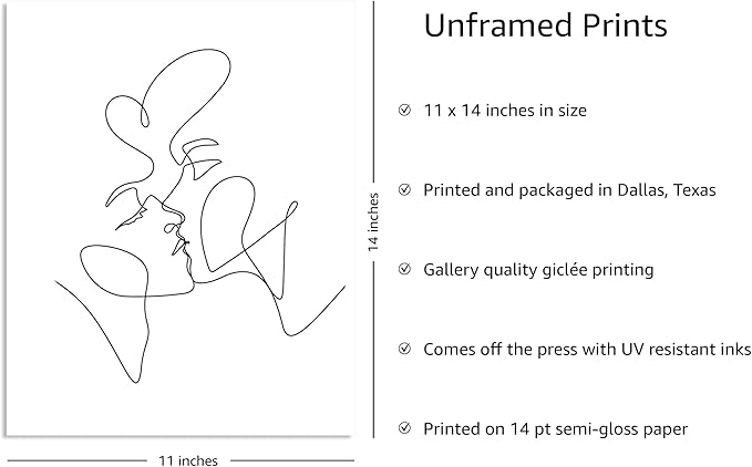 Y2K BOO Kissing Couple UNFRAMED Wall Art Romantic Intimacy Continuous Line Drawing 11x14 Inch Heavyweight Paper Modern Minimalist Love Studio Decor