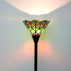 Tiffany Torchiere Floor Lamp Green Peacock Tail Style Stained Glass Floor Light Antique Tall Standing Lamp Handcrafted Pole Reading Uplight Lamp for Home Office Living Room