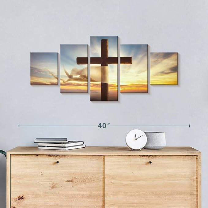Elephant Stock Holy Cross Wall Art Multi Piece Canvas - 5 Panel Christian Pictures Decor - Digital Design Canvas Print - Christian Wall Decor - 36" X 15"