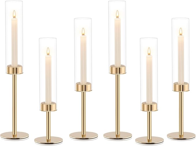 Gold Hurricane Candle Holders Set of 6, Tall Metal Windproof Glass Taper Candle Holder for Candlestick, Candle Sticks Decor, Table Centerpieces for Wedding, Candlelit Dinner Party Fireplace Decoration