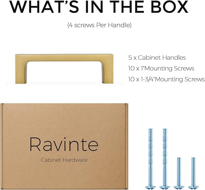 Ravinte 5 Pack Solid 3 Inch Square Cabinet Handles - Brushed Brass Drawer Pulls - Kitchen Hardware and Handles
