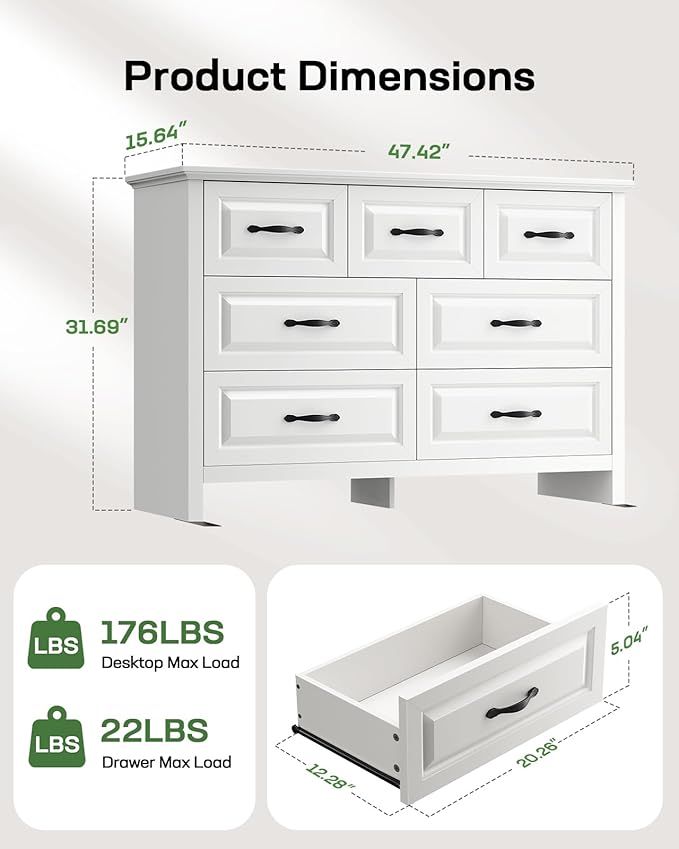 Marsail Farmhouse 7 Drawer Dresser, Wood Chest of Drawers with Natural Texture, Smooth Gliding Drawers, Versatile Storage Organizer Cabinet for Bedroom & Living Room, White